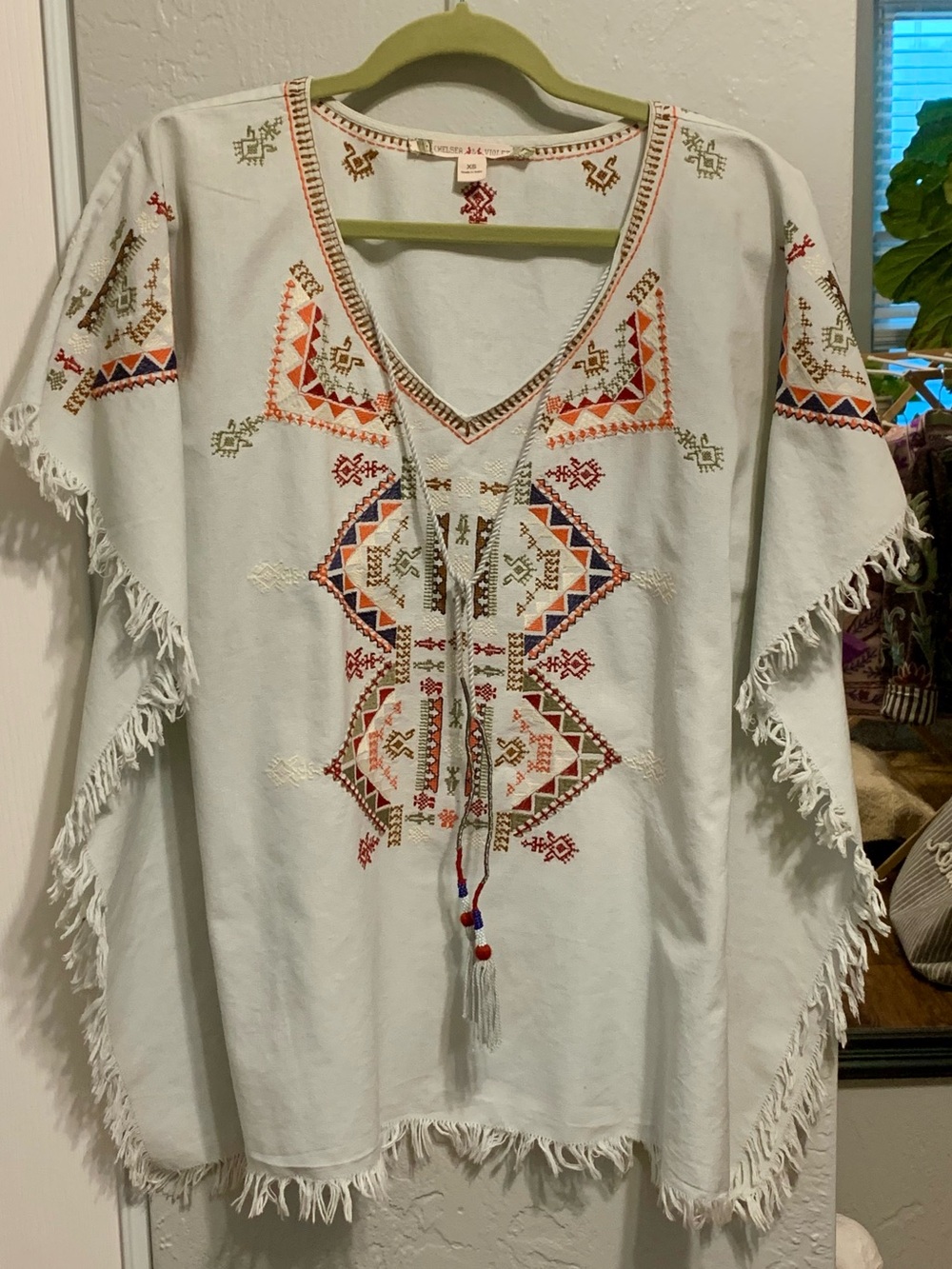 Chelsea & Violet White Fringe Tunic with Multicolor Geometric Embroidery